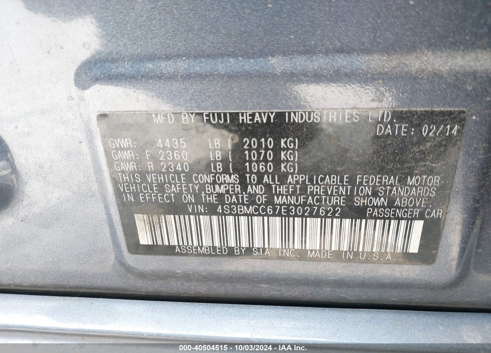 2014 SUBARU LEGACY 2.5I PREMIUM VIN: 4S3BMCC67E3027622