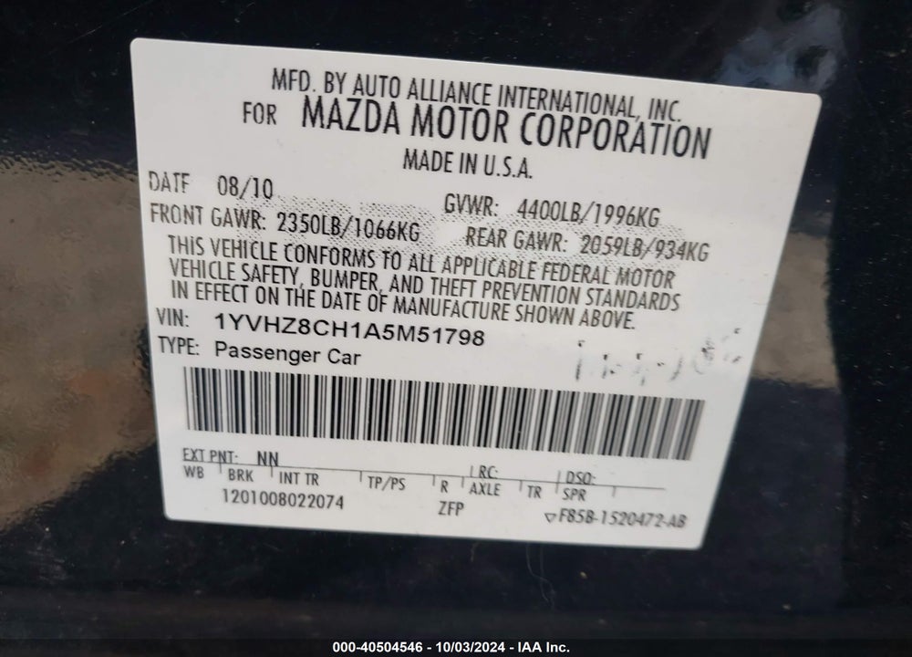 2010 MAZDA 6 I TOURING PLUS VIN: 1YVHZ8CH1A5M51798