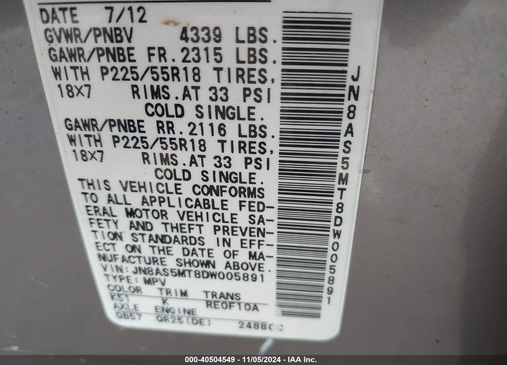 2013 NISSAN ROGUE SV W/SL PKG VIN: JN8AS5MT8DW005891