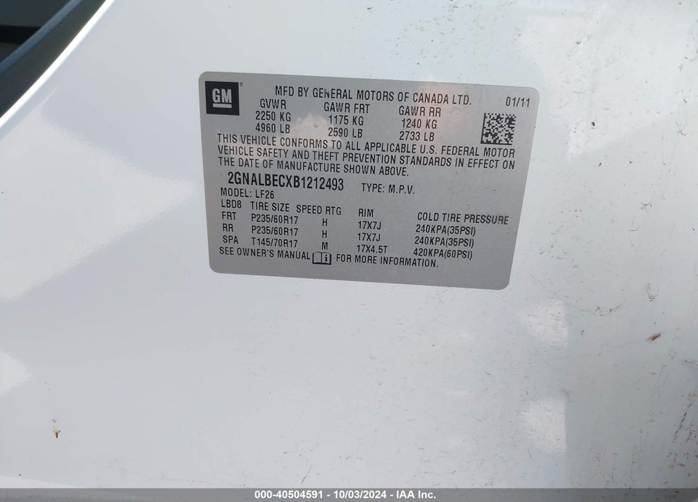 2011 CHEVROLET EQUINOX LS VIN: 2GNALBECXB1212493