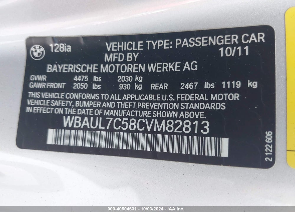 2012 BMW 128I VIN: WBAUL7C58CVM82813