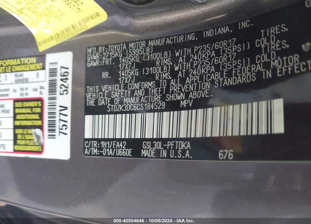 2012 TOYOTA SIENNA BASE V6 7 PASSENGER VIN: 5TDZK3DC6CS184529