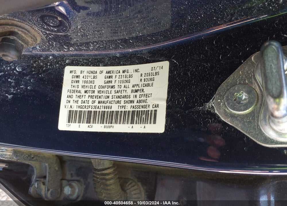 2014 HONDA ACCORD SPORT VIN: 1HGCR2F53EA278668