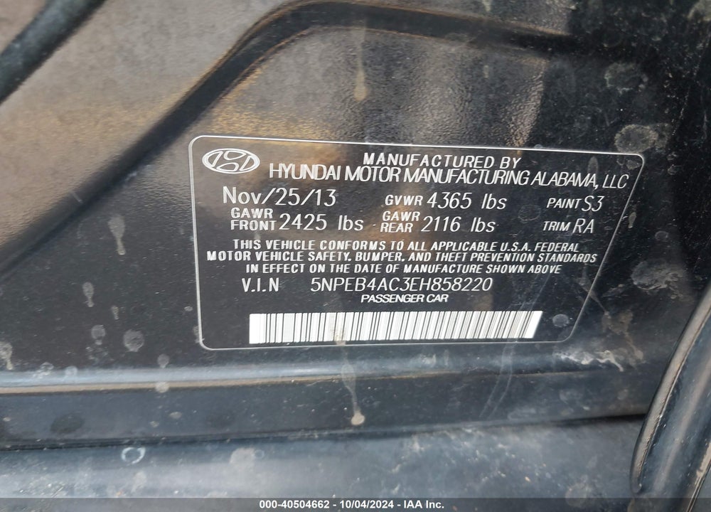 2014 HYUNDAI SONATA GLS VIN: 5NPEB4AC3EH858220