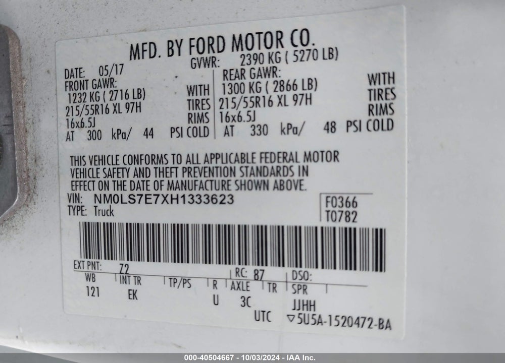2017 FORD TRANSIT CONNECT XL VIN: NM0LS7E7XH1333623