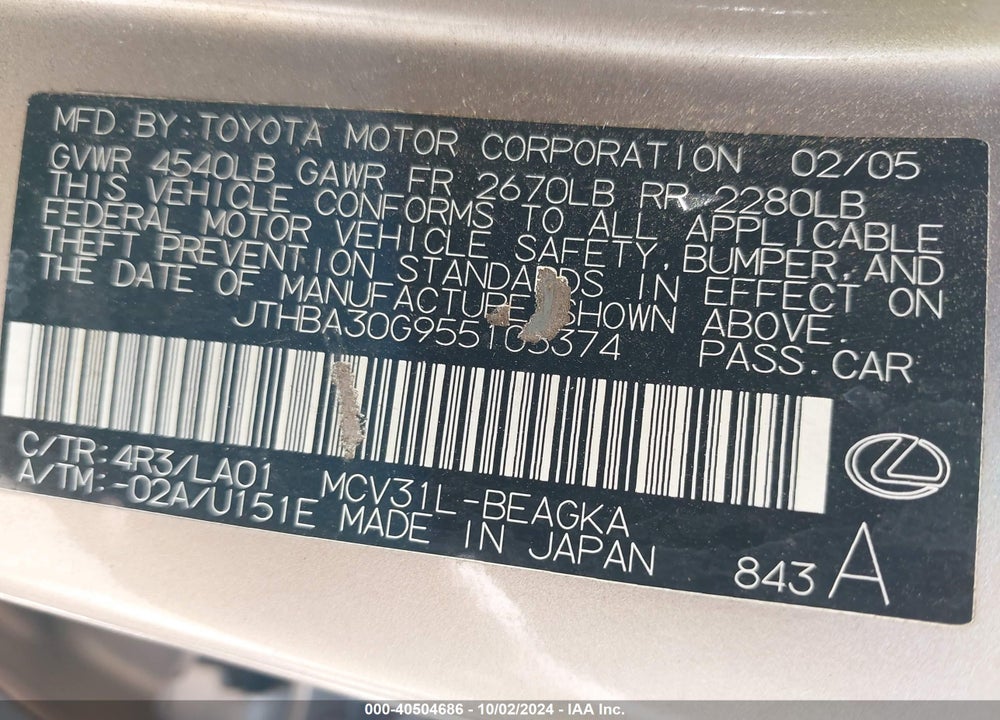2005 LEXUS ES 330 VIN: JTHBA30G955105374