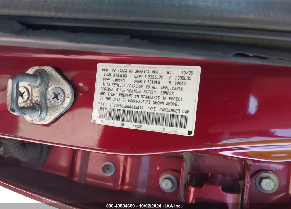 2006 HONDA ACCORD 2.4 SE VIN: 1HGCM56326A035417