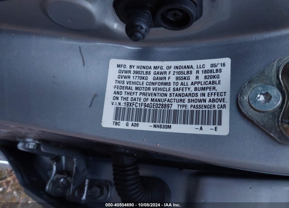 2016 HONDA CIVIC TOURING VIN: 19XFC1F94GE028897