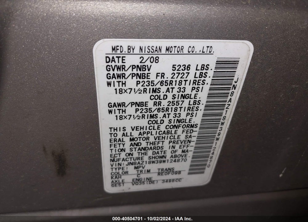 2009 NISSAN MURANO S VIN: JN8AZ18W39W124870