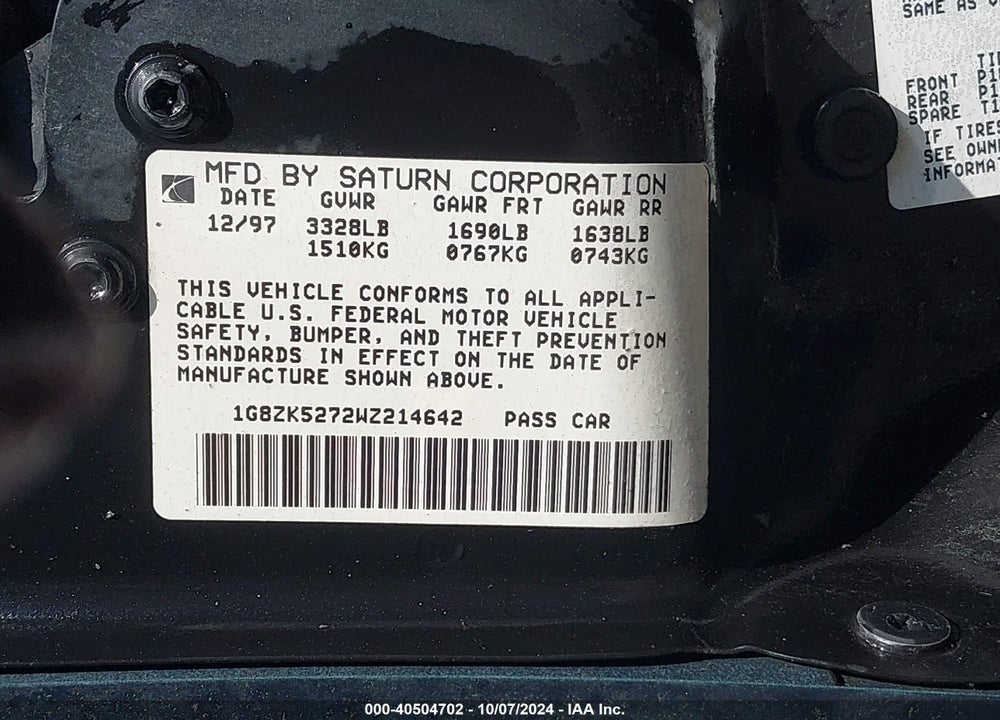 1998 SATURN SL2 VIN: 1G8ZK5272WZ214642