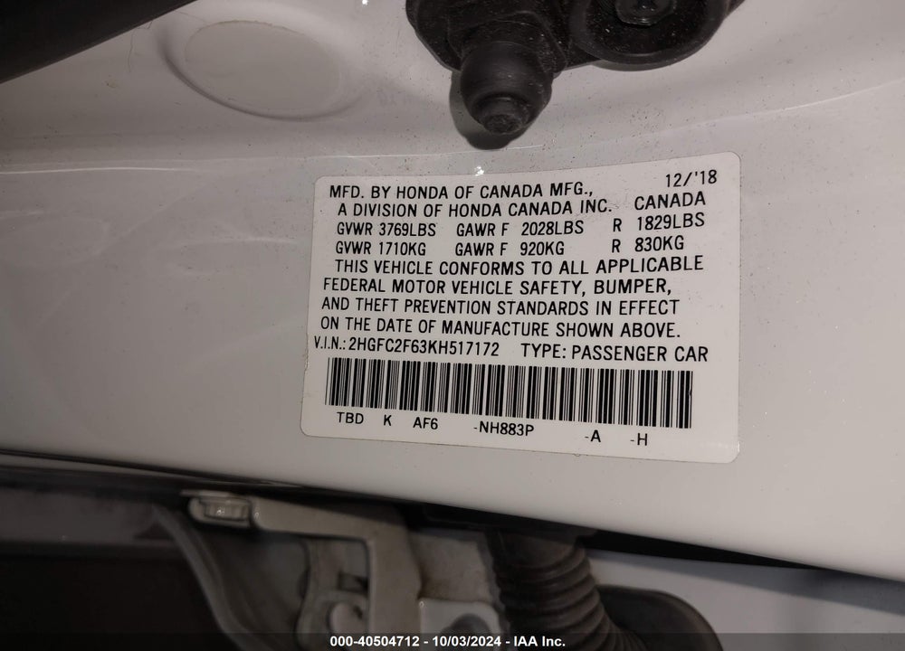 2019 HONDA CIVIC LX VIN: 2HGFC2F63KH517172