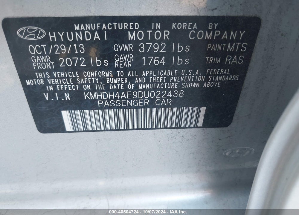 2013 HYUNDAI ELANTRA LIMITED VIN: KMHDH4AE9DU022438
