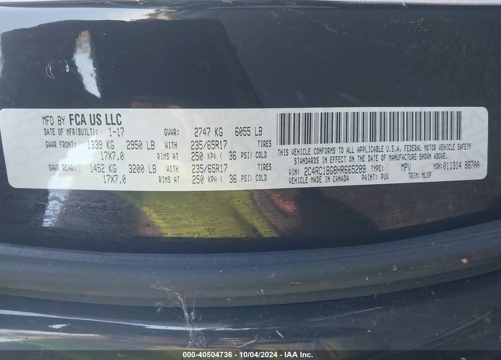 2017 CHRYSLER PACIFICA TOURING L VIN: 2C4RC1BG8HR665289