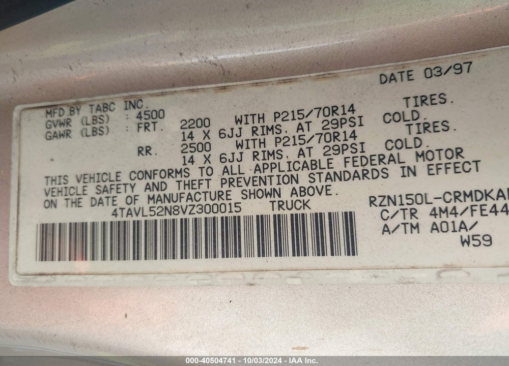 1997 TOYOTA TACOMA VIN: 4TAVL52N8VZ300015