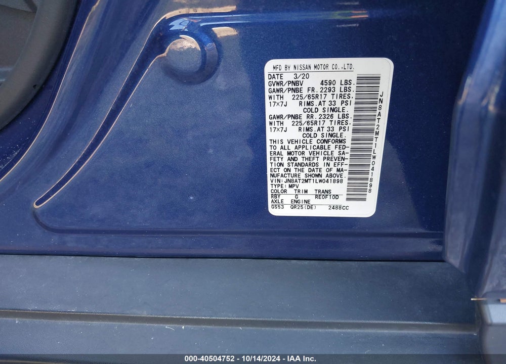 2020 NISSAN ROGUE S FWD VIN: JN8AT2MT1LW041898