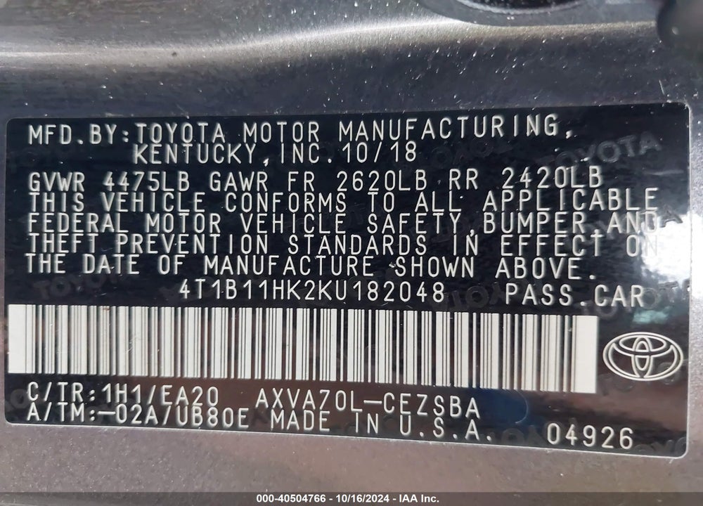 2019 TOYOTA CAMRY SE VIN: 4T1B11HK2KU182048