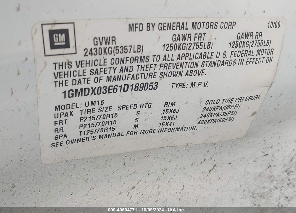 2001 PONTIAC MONTANA M16 W/1SF PKG. VIN: 1GMDX03E61D189053