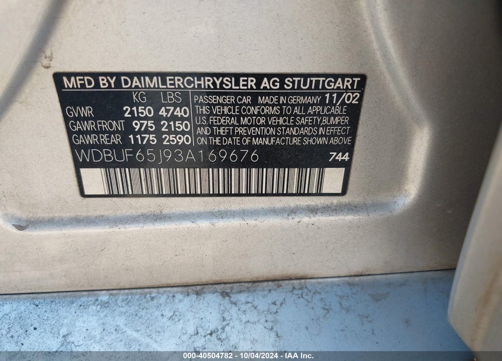 2003 MERCEDES-BENZ E 320 VIN: WDBUF65J93A169676