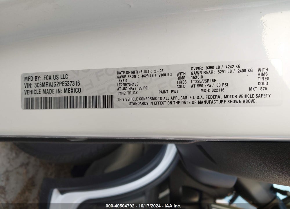 2023 RAM PROMASTER 3500 CARGO VAN HIGH ROOF 159 WB EXT VIN: 3C6MRVJG2PE537316