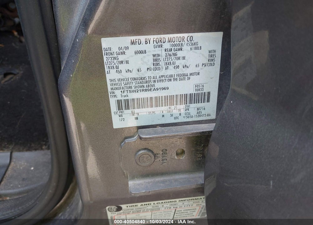 2009 HARLEY-DAVIDSON FORD F-250 FX4//KING RANCH/LARIAT/XL/XLT VIN: 1FTSW21R89EA91969