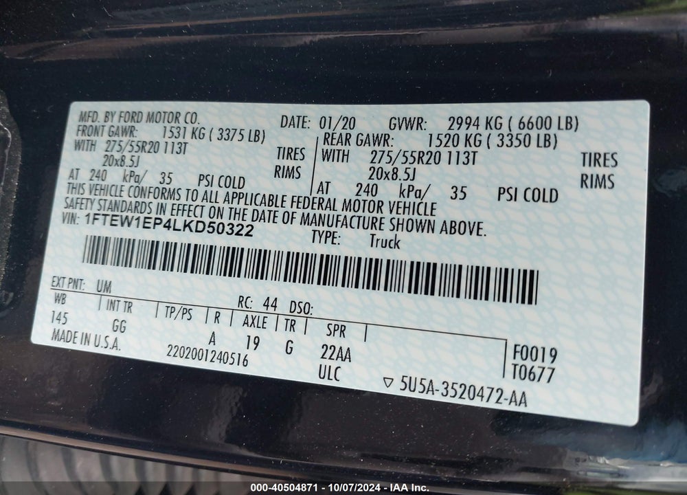 2020 FORD F-150 XL VIN: 1FTEW1EP4LKD50322