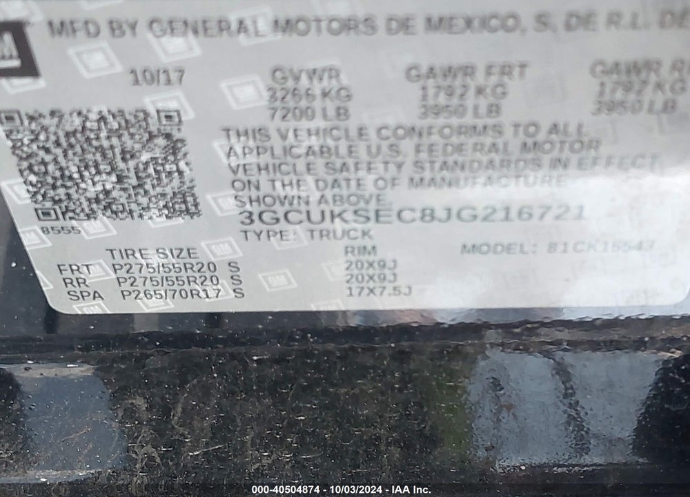 2018 CHEVROLET SILVERADO 1500 1LZ VIN: 3GCUKSEC8JG216721