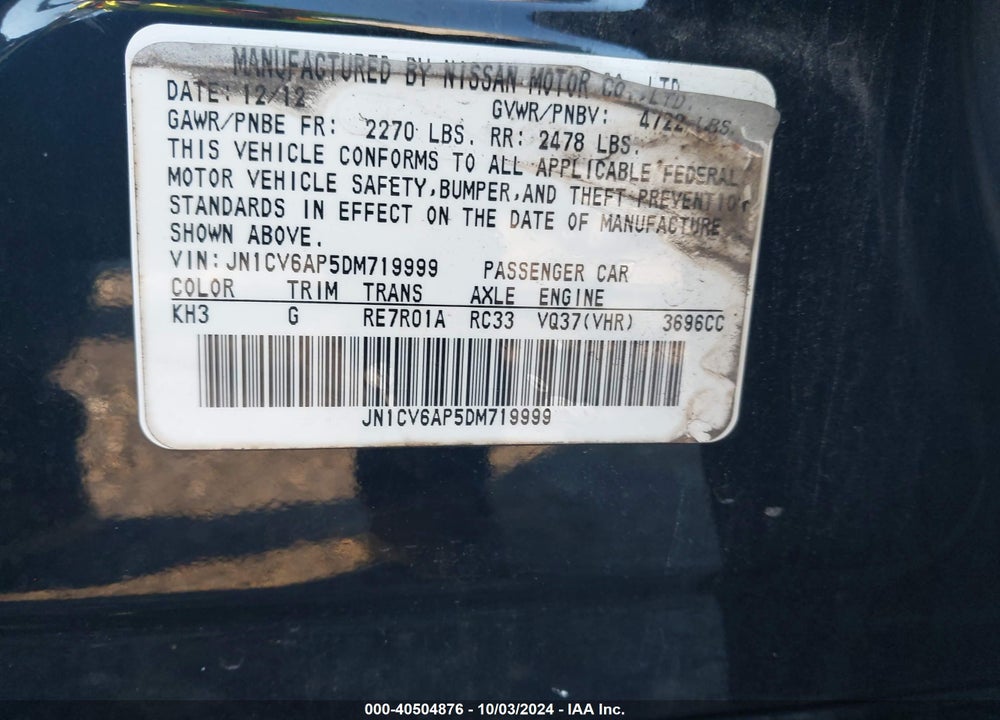 2013 INFINITI G37 JOURNEY VIN: JN1CV6AP5DM719999