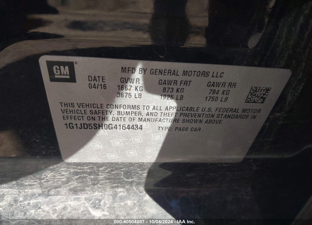 2016 CHEVROLET SONIC LT MANUAL VIN: 1G1JD5SH0G4164434