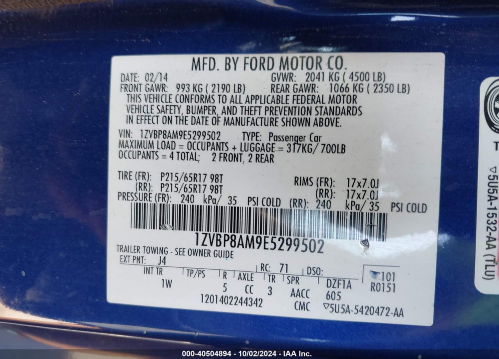2014 FORD MUSTANG V6 VIN: 1ZVBP8AM9E5299502