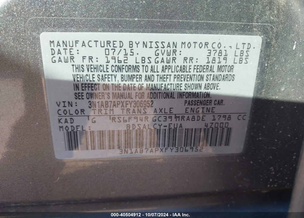 2015 NISSAN SENTRA S VIN: 3N1AB7APXFY306952