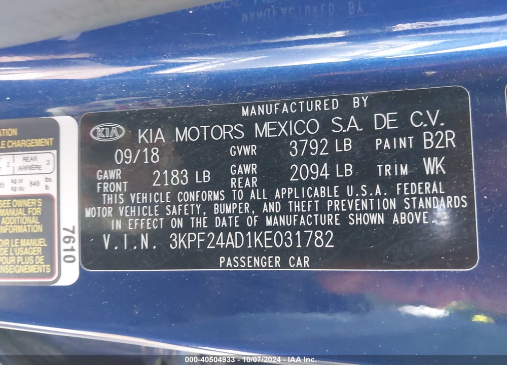2019 KIA FORTE LXS VIN: 3KPF24AD1KE031782