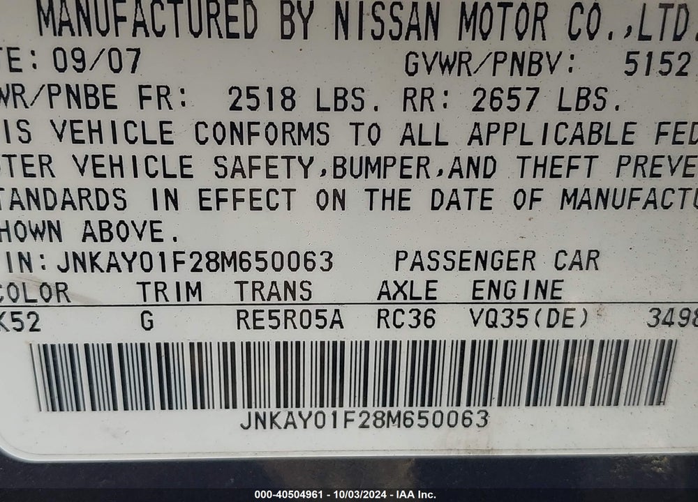 2008 INFINITI M35X VIN: JNKAY01F28M650063