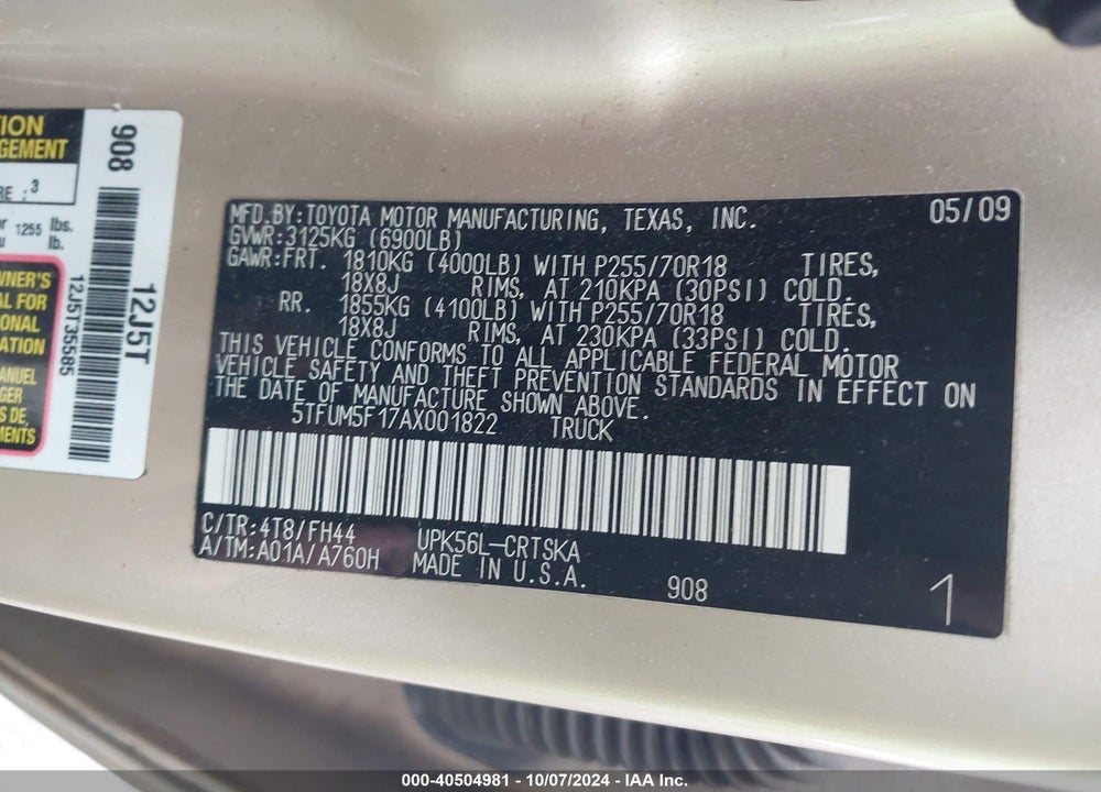 2010 TOYOTA TUNDRA GRADE 4.6L V8 VIN: 5TFUM5F17AX001822