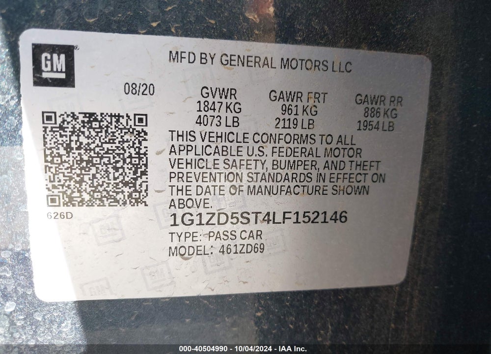 2020 CHEVROLET MALIBU FWD LT VIN: 1G1ZD5ST4LF152146