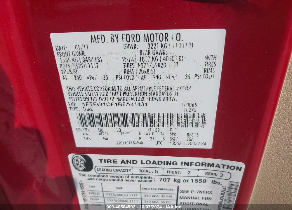 2011 FORD F-150 LARIAT VIN: 1FTFW1CF1BFA41431