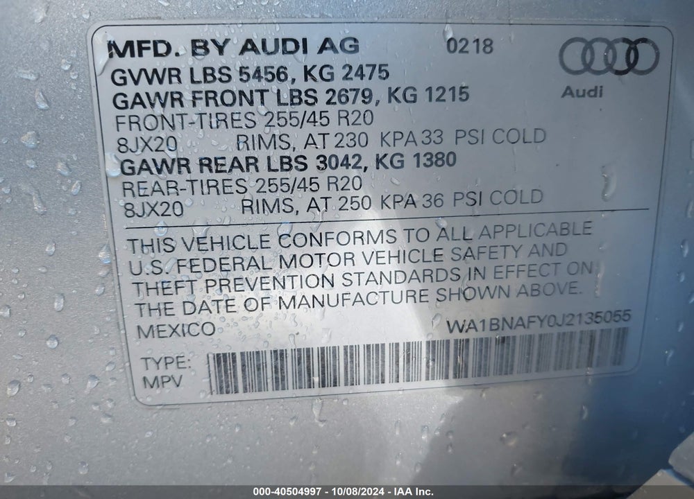 2018 AUDI Q5 VIN: WA1BNAFY0J2135055