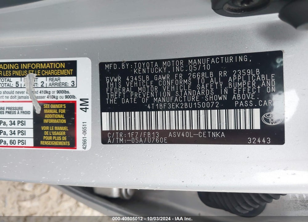 2011 TOYOTA CAMRY LE VIN: 4T1BF3EK2BU150072