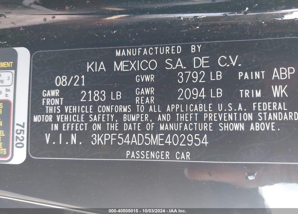 2021 KIA FORTE EX VIN: 3KPF54AD5ME402954