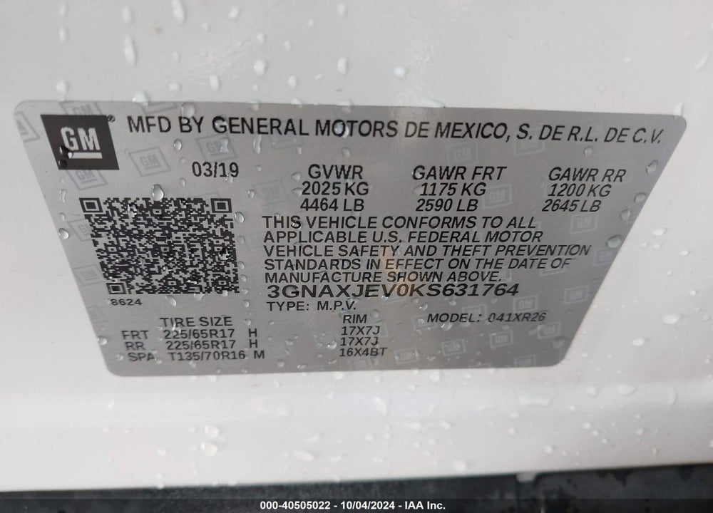 2019 CHEVROLET EQUINOX LT VIN: 3GNAXJEV0KS631764