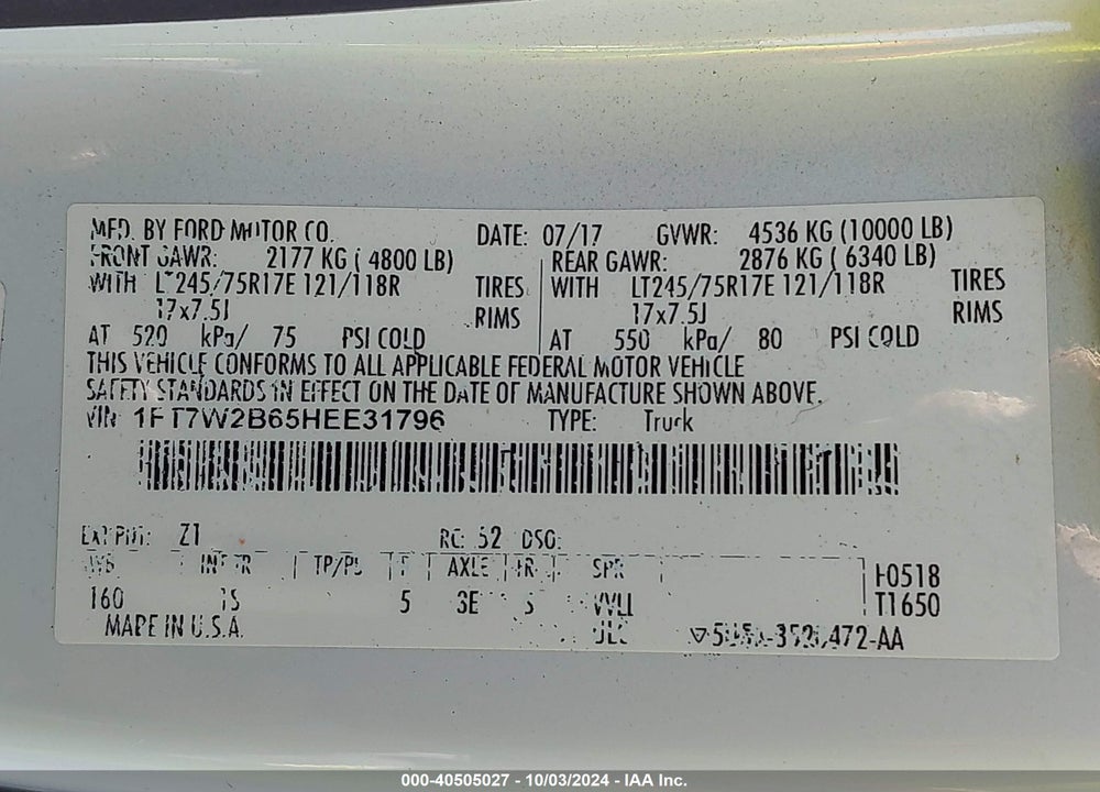 2017 FORD F-250 XL VIN: 1FT7W2B65HEE31796