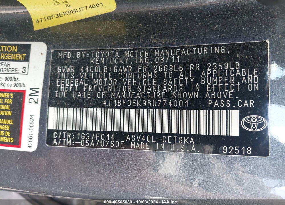 2011 TOYOTA CAMRY SE VIN: 4T1BF3EK9BU774001