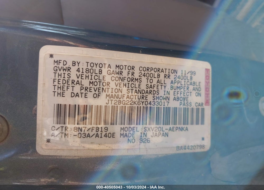 2000 TOYOTA CAMRY LE VIN: JT2BG22K6Y0433017