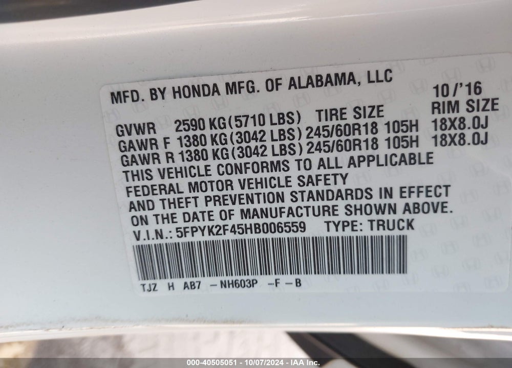 2017 HONDA RIDGELINE RTS VIN: 5FPYK2F45HB006559