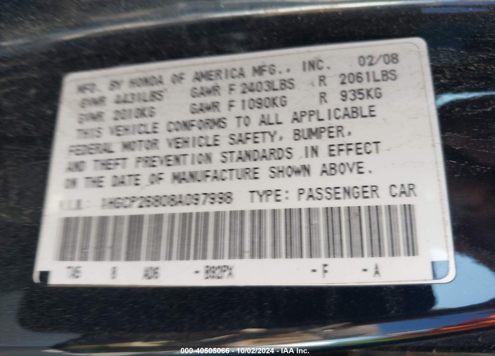 2008 HONDA ACCORD 2.4 EX-L VIN: 1HGCP26808A097998