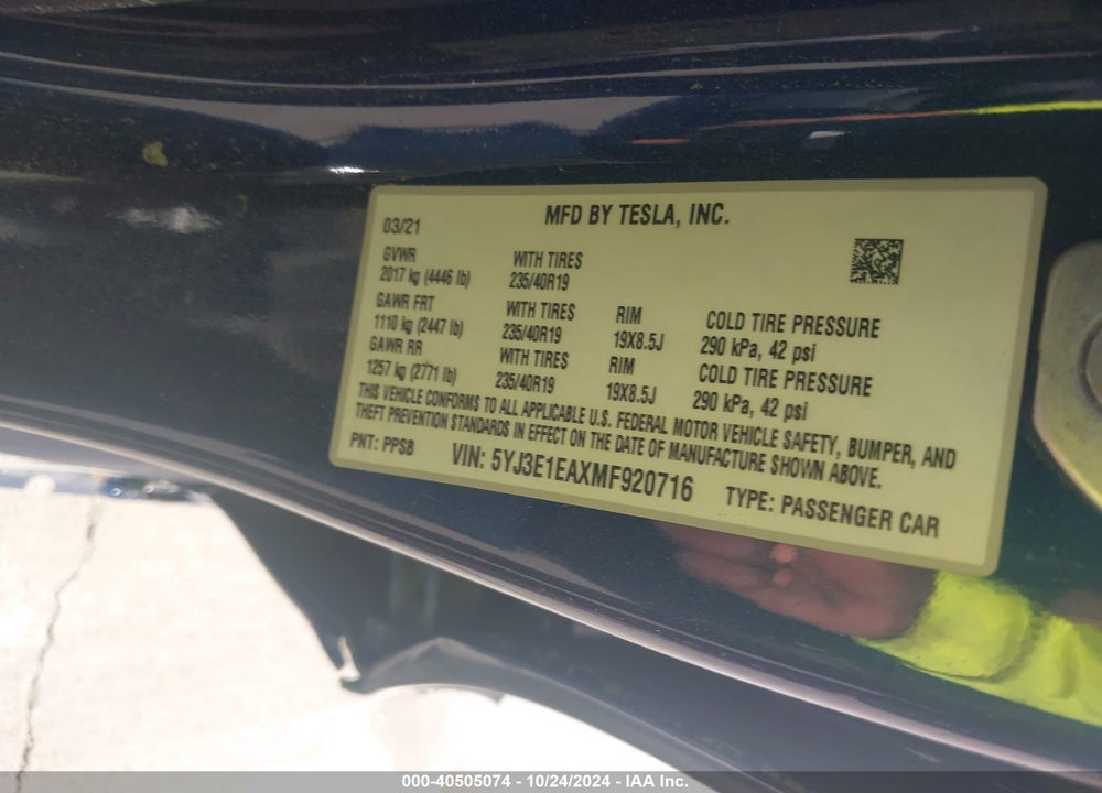2021 TESLA MODEL 3 STANDARD RANGE PLUS REAR-WHEEL DRIVE VIN: 5YJ3E1EAXMF920716