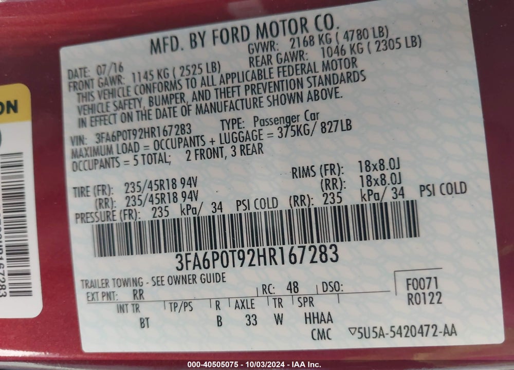 2017 FORD FUSION SE VIN: 3FA6P0T92HR167283