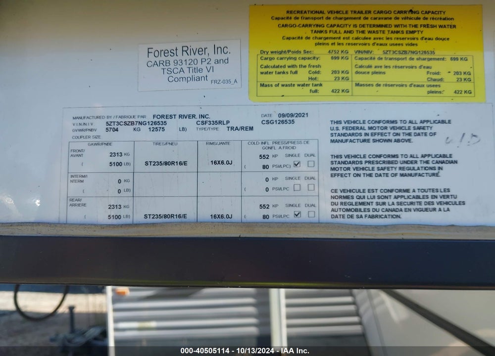 2022 FOREST RIVER OTHER VIN: 5ZT3CSZB7NG126535