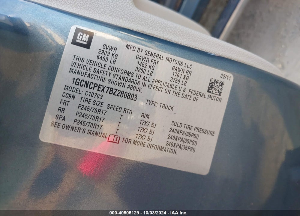 2011 CHEVROLET SILVERADO 1500 WORK TRUCK VIN: 1GCNCPEX7BZ280803