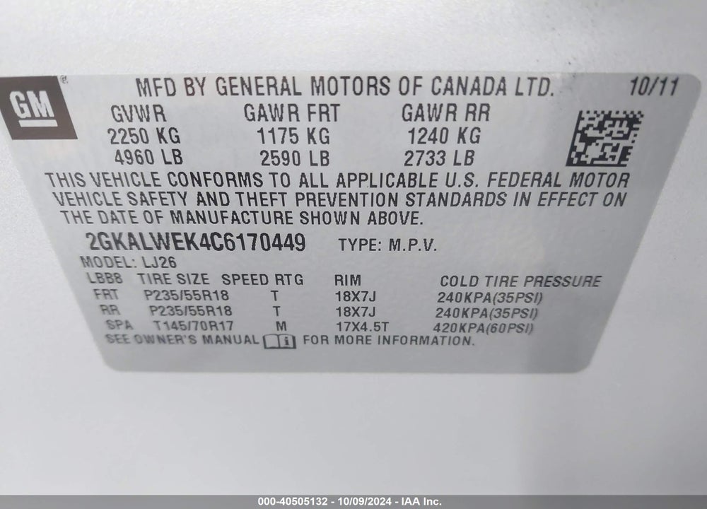 2012 GMC TERRAIN SLT-2 VIN: 2GKALWEK4C6170449