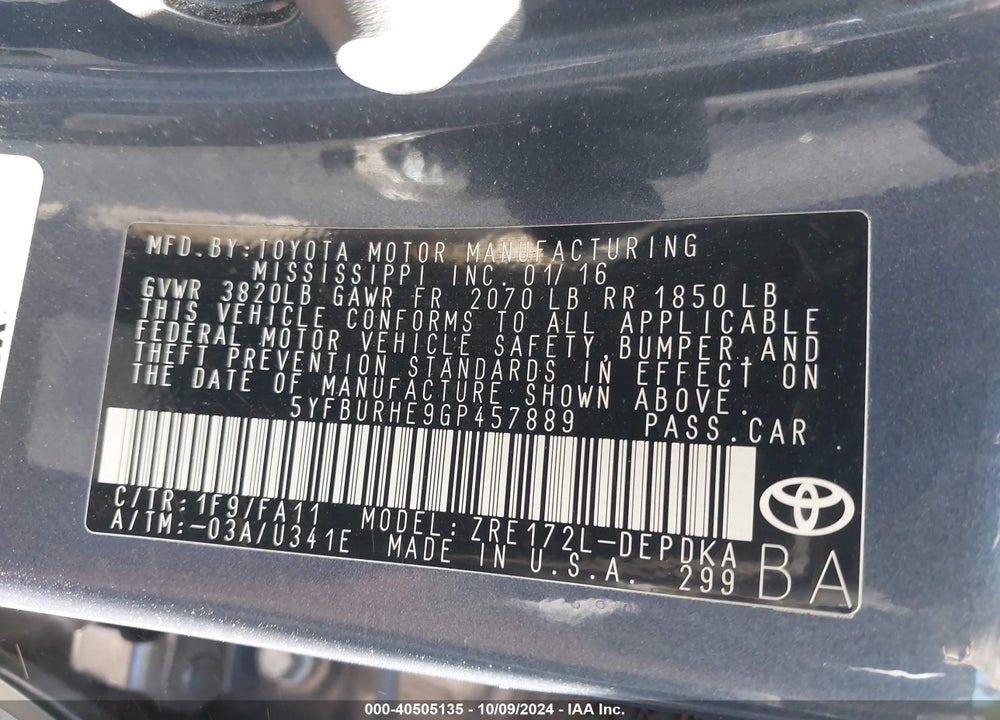 2016 TOYOTA COROLLA L VIN: 5YFBURHE9GP457889